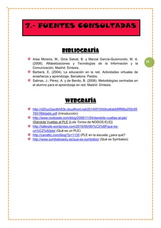16
BIBLIOGRAFÍA
Area Moreira, M.; Gros Salvat, B. y Marzal García-Quismondo, M. A.
(2008). Alfabetizaciones y Tecnologías de la Información y la
Comunicación. Madrid: Síntesis.
Barberà, E. (2004). La educación en la red. Actividades virtuales de
enseñanza y aprendizaje. Barcelona: Paidós.
Salinas, J.; Pérez, A. y de Benito, B. (2008). Metodologías centradas en
el alumno para el aprendizaje en red. Madrid: Síntesis.
WEBGRAFÍA
http://d20uo2axdbh83k.cloudfront.net/20140519/b9ca6ab68fff88a259c95
7651f84dabb.pdf (Introducción)
http://www.nodosele.com/blog/2008/11/04/dandole-vueltas-al-ple/
(Dándole Vueltas al PLE [Lola Torres de NODOS ELE])
http://tallerple.wordpress.com/2010/06/06/%C2%BFque-es-
un%C2%A0ple/ (Qué es un PLE)
http://canaltic.com/blog/?p=1135 (PLE en la escuela ¿para qué?
http://www.symbalooedu.es/que-es-symbaloo/ (Qué es Symbaloo)
7.- FUENTES CONSULTADAS
 