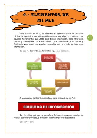 6
Para elaborar mi PLE, he considerado oportuno reunir en una sola
página los elementos que utilizo cotidianamente, me refiero con esto a todas
aquellas herramientas que utilizo para buscar información, para filtrar esta
misma y contrastarla, para compartirla, para informarme y formarme y
finalmente para crear mis propios materiales con la ayuda de toda esta
información.
De este modo mi PLE contendrá los siguientes apartados:
A continuación explicaré qué contiene cada apartado de mi PLE:
Son los sitios web que yo consulto a la hora de preparar trabajos, de
realizar cualquier actividad, o incluso de informarme sobre algún tema.
Estos sitios son:
BÚSQUED DE
INFORMACIÓN
BÚSQUEDA Y
FILTRADO DE
INFORMACIÓN
COMUNICACIÓN
BIBLIOTECAS Y
REVISTAS
RINCÓN DE
EDUCACIÓN
MIS
HERRAMIENTAS DE
CREACIÓN
4.- ELEMENTOS DE
MI PLE
BÚSQUEDA DE INFORMACIÓN
 
