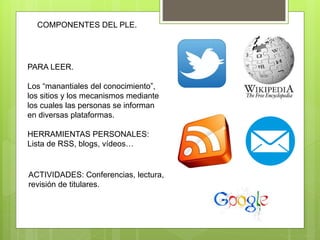 COMPONENTES DEL PLE.
ACTIVIDADES: Conferencias, lectura,
revisión de titulares.
PARA LEER.
Los “manantiales del conocimiento”,
los sitios y los mecanismos mediante
los cuales las personas se informan
en diversas plataformas.
HERRAMIENTAS PERSONALES:
Lista de RSS, blogs, vídeos…
 