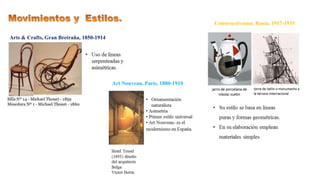 Arts & Crafts, Gran Bretraña, 1850-1914
Art Nouveau, París, 1880-1910
Constructivismo, Rusia, 1917-1935
 
