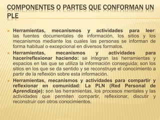 COMPONENTES O PARTES QUE CONFORMAN UN
PLE
 Herramientas, mecanismos y actividades para leer:
las fuentes documentales de información, los sitios y los
mecanismos mediante los cuales las personas se informan de
forma habitual o excepcional en diversos formatos.
 Herramientas, mecanismos y actividades para
hacer/reflexionar haciendo: se integran las herramientas y
espacios en las que se utiliza la información conseguida; son los
sitios en los que se da sentido y se reconstruye el conocimiento a
partir de la reflexión sobre esta información.
 Herramientas, mecanismos y actividades para compartir y
reflexionar en comunidad: La PLN (Red Personal de
Aprendizaje): son las herramientas, los procesos mentales y las
actividades que permiten compartir, reflexionar, discutir y
reconstruir con otros conocimientos.
 