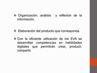  Organización, análisis y reflexión de la 
información. 
 Elaboración del producto que corresponda. 
 Con la eficiente utilización de los EVA se 
desarrollan competencias en habilidades 
digitales que permitirán crear, producir, 
compartir. 
 