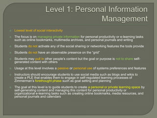    Lowest level of social interactivity
   The focus is on managing private information for personal productivity or e-learning tasks
    such as online bookmarks, multimedia archives, and personal journals and writing
   Students do not activate any of the social sharing or networking features the tools provide
   Students do not have an observable presence on the “grid”
   Students may pull in other people’s content but the goal or purpose is not to share self-
    generated content with others
   Usage at this level involves a passive or personal use of systems preferences and features
   Instructors should encourage students to use social media such as blogs and wikis to
    create a PLE that enables them to engage in self-regulated learning processes of
    Zimmerman’s forethought phase such as goal setting and planning
   The goal at this level is to guide students to create a personal or private learning space by
    self-generating content and managing this content for personal productivity or
    organizational e-learning tasks such as creating online bookmarks, media resources, and
    personal journals and calendars
 