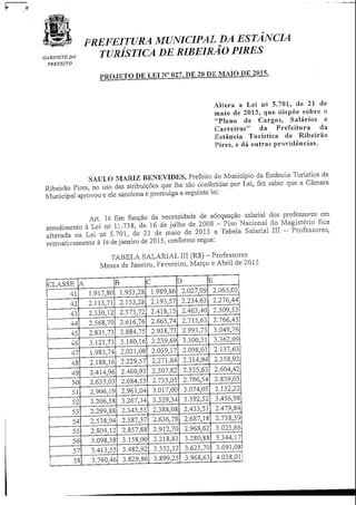 PREFEITURA MUNICIPAL DA. ESTANCIA
TURÍSTICA DE RIBEIRÃO PIRES
PREFEiTO
PRQJ1ETO DE LEI N° 027, DE 20 PE MAIO DE2015.
Altera a Lei n° 5.701, de 21 de
maio de 2013, que dispõe sobre o
"Plano de Cargos, Salários e
Carreiras" da Prefeitura da
Estância Turística de Ribeirão
Pires, e dá outras providências.
SÀULO MARIZ BENEVIDES, Prefeito do Município da Estância Turística de
Ribeirão Pires, no uso das atribuições que lhe são conferidas por Lei, faz saber que a Câmara
Municipal aprovou e ele sanciona e promulga a seguinte lei:
Art. 12. Em função da necessidade de adequação salarial dos professores em
atendimento à Lei na 11.738, de 16 de julho de 2008 - Piso Nacional do Magistério fica
alterada na Lei W. 5.701, de 21 de maio de 2013 a Tabela Salarial III - Professores,
retroativamente à ia dejaneiro de 2015, conformesegue:
TABELA SALARIAL III (R$) - Professores
Meses de Janeiro, Fevereiro, Março e Abril de 2015
CLASSE
41
42
43
44
45
46
47
48
49
50
51
52
53
54
55
56
57
58
Â
1.917,80
2.113,71
2.330,12
2.568,70
2.831,73
3.121;73
1.983,74
2.188,16
2.414,96
2.635,03
2.906,19
3.206,58
2.299,88
2.538,94
2.804;12
3.098,38
3.413,55
3.760,46
B
1.953,28
2.153,28
2.373,72
2.616,76
2.884,75
3.180,16
2.021,08
2.229,57
2.460,93
2.684,55
2.961,04
3.267,34
2.343,55
2.587,37
2.857,88
3.158,00
3.482,92
3.829,86
C
1.989,86
2.193,57
2.418,15
2.665,74
2.938,73
3.239,69
2.059,17
2.271,84
2.507,82
2.735,05
3.017,00
3.329,34
2.388,08
2.636,78
2.912,70
3.218,83
3.552,32
3.899,25
D
2.027,09
2.234,63
2.463,40
2.715,63
2.993,73
3.300,31
2.098,01
2.314,94
2.555,63
2.786,54
3.074,05
3.392,52
2.433,51
2.687,18
2.968,62
3.280,88
3.621,70
3.968,63
E
2.065,05
2.27Ó;44
2.509,53
2.766,45
3.049,76
3.362,09
2.137,63
2.358,92
2.604,42
r 2.839,05
3.132,22
3.456,98
2.479,84
2.738,59
3.025,66
3.344,17
3.691,08
4.038,01
 