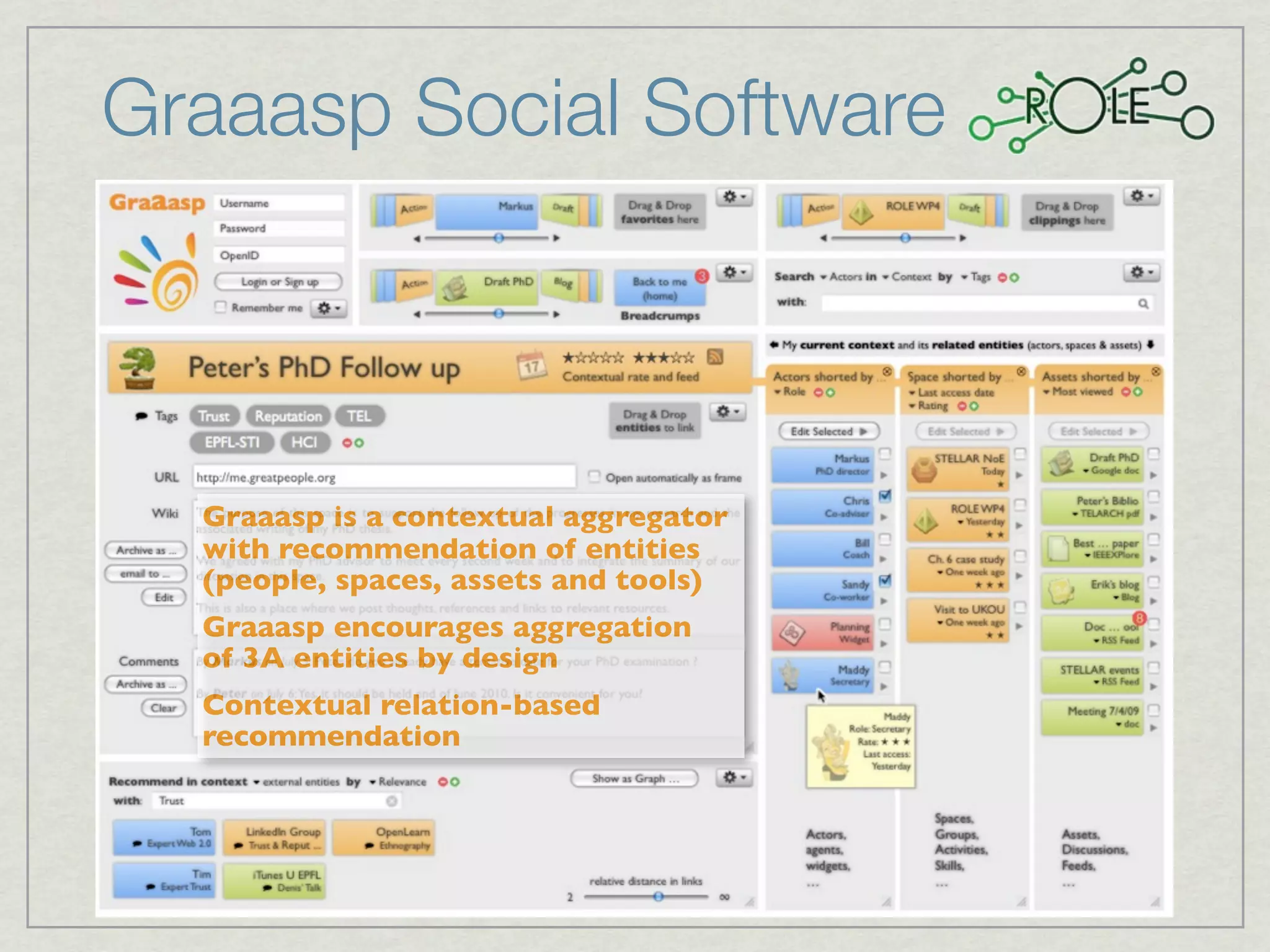 Graaasp Social Software



  Graaasp is a contextual aggregator
  with recommendation of entities
  (people, spaces, assets and tools)
  Graaasp encourages aggregation
  of 3A entities by design
  Contextual relation-based
  recommendation




                              18
 