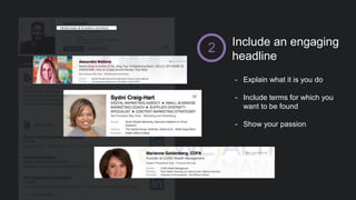 Include an engaging
headline
2
- Explain what it is you do
- Include terms for which you
want to be found
- Show your passion
Multimedia & Emotion Architect
 