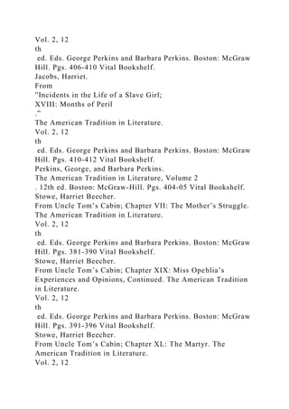 Vol. 2, 12
th
ed. Eds. George Perkins and Barbara Perkins. Boston: McGraw
Hill. Pgs. 406-410 Vital Bookshelf.
Jacobs, Harriet.
From
”Incidents in the Life of a Slave Girl;
XVIII: Months of Peril
.”
The American Tradition in Literature.
Vol. 2, 12
th
ed. Eds. George Perkins and Barbara Perkins. Boston: McGraw
Hill. Pgs. 410-412 Vital Bookshelf.
Perkins, George, and Barbara Perkins.
The American Tradition in Literature, Volume 2
. 12th ed. Boston: McGraw-Hill. Pgs. 404-05 Vital Bookshelf.
Stowe, Harriet Beecher.
From Uncle Tom’s Cabin; Chapter VII: The Mother’s Struggle.
The American Tradition in Literature.
Vol. 2, 12
th
ed. Eds. George Perkins and Barbara Perkins. Boston: McGraw
Hill. Pgs. 381-390 Vital Bookshelf.
Stowe, Harriet Beecher.
From Uncle Tom’s Cabin; Chapter XIX: Miss Opehlia’s
Experiences and Opinions, Continued. The American Tradition
in Literature.
Vol. 2, 12
th
ed. Eds. George Perkins and Barbara Perkins. Boston: McGraw
Hill. Pgs. 391-396 Vital Bookshelf.
Stowe, Harriet Beecher.
From Uncle Tom’s Cabin; Chapter XL: The Martyr. The
American Tradition in Literature.
Vol. 2, 12
 