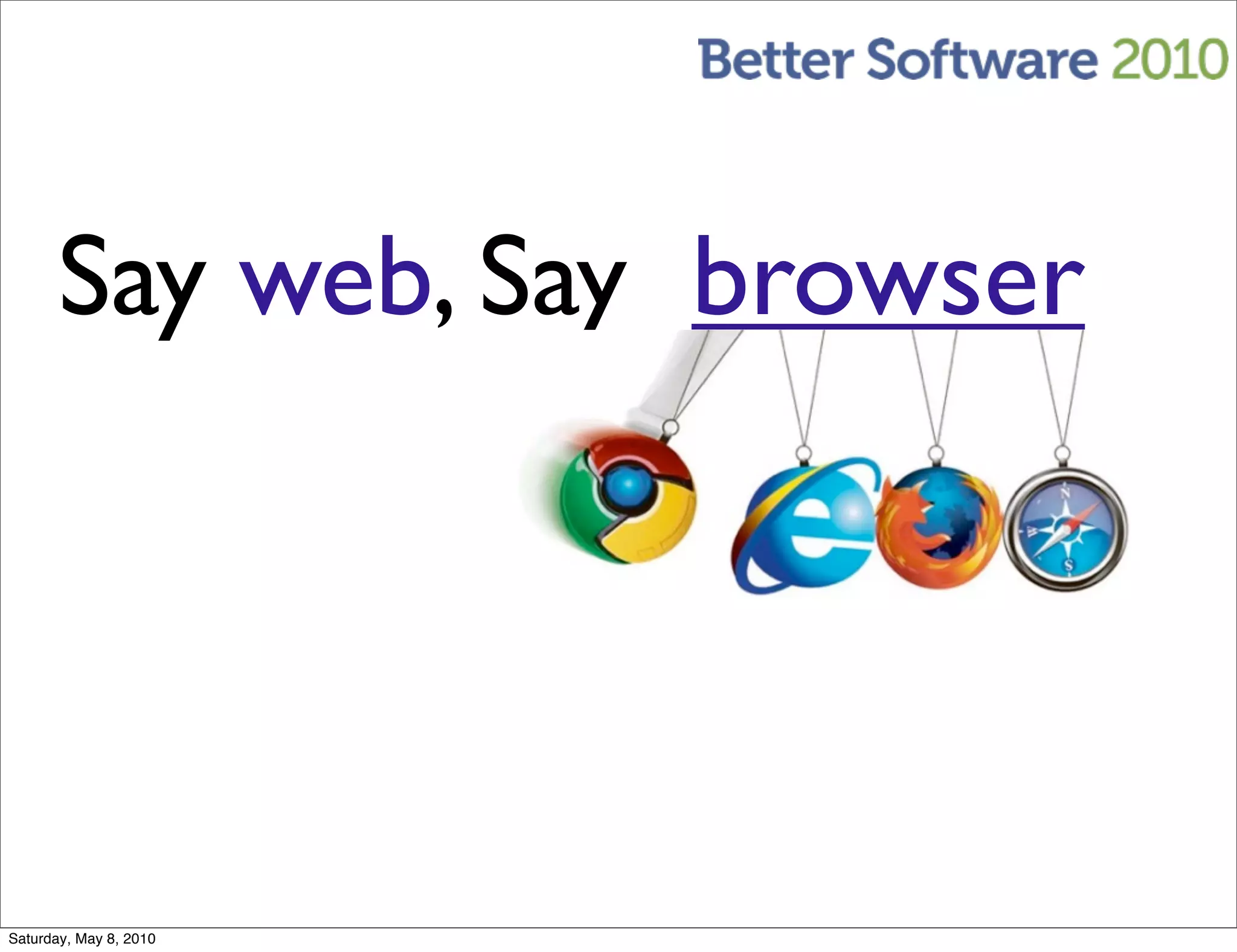 Say web, Say browser




Saturday, May 8, 2010
 