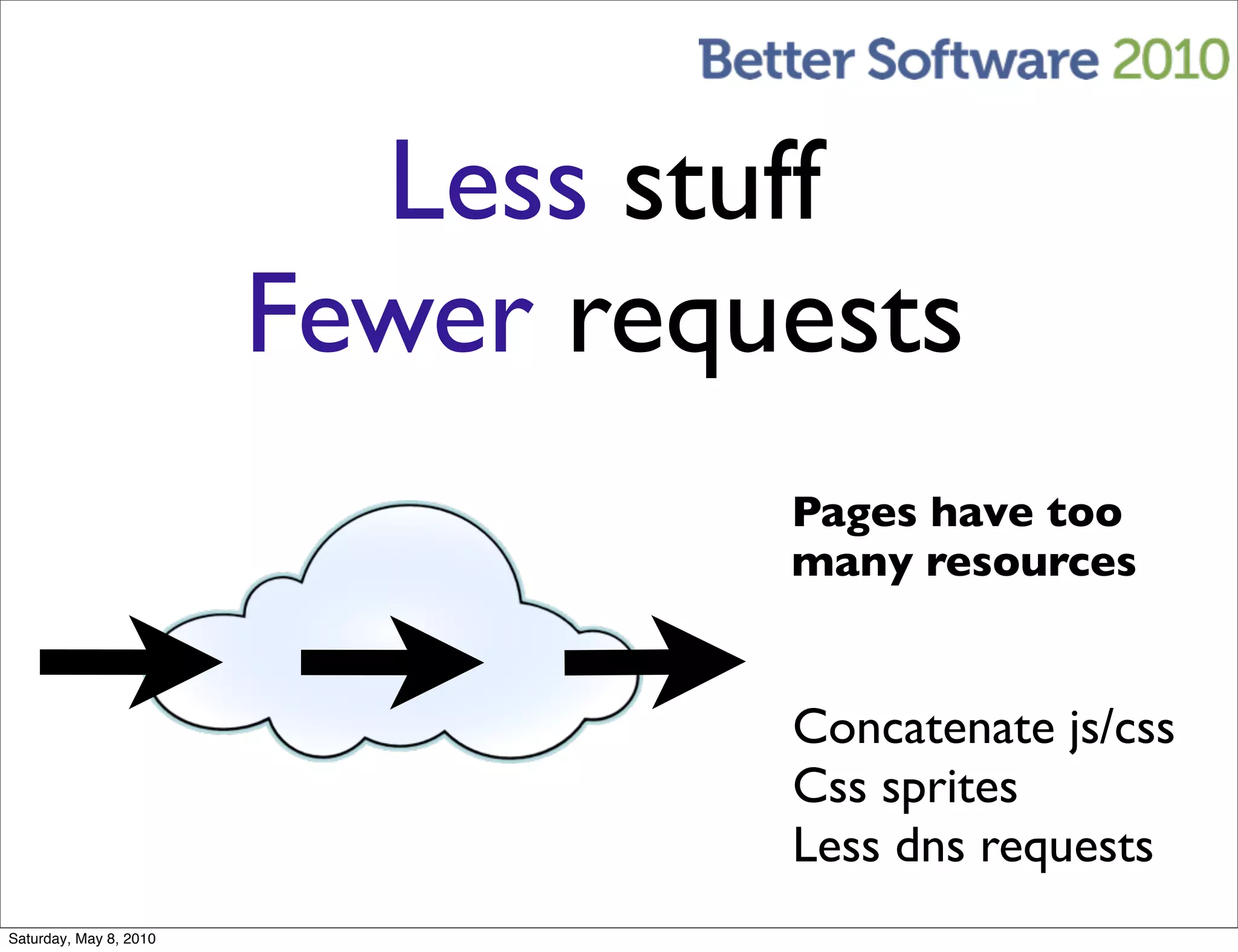 Less stuff
                        Fewer requests
                                  Pages have too
                                  many resources


                                  Concatenate js/css
                                  Css sprites
                                  Less dns requests
Saturday, May 8, 2010
 