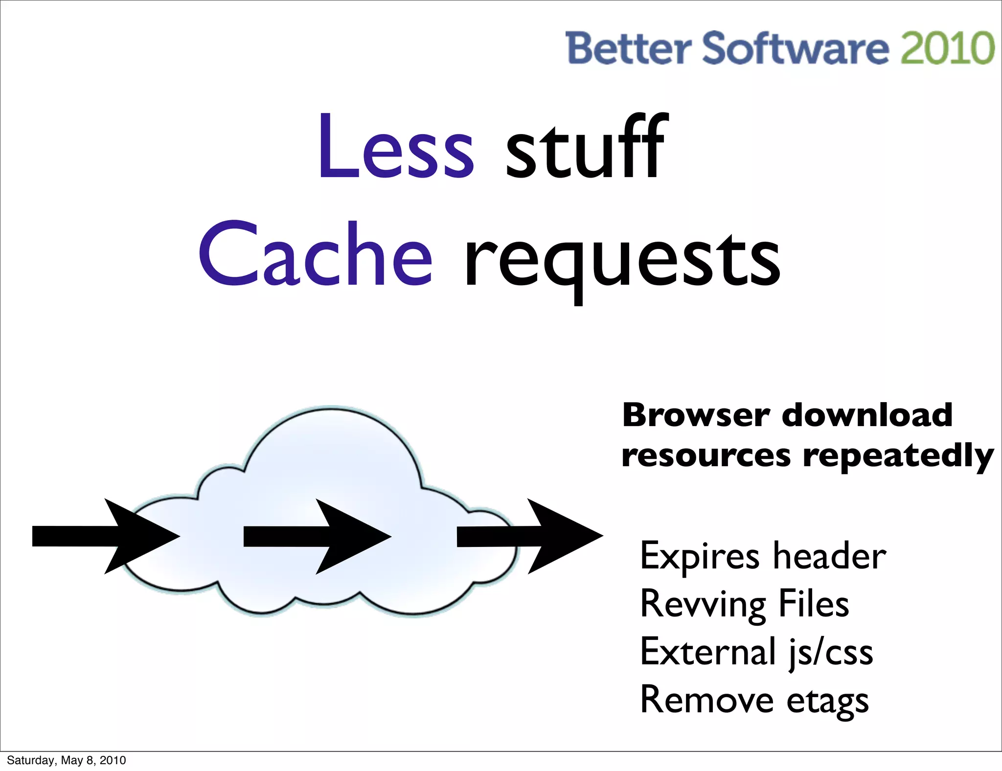 Less stuff
                        Cache requests
                                  Browser download
                                  resources repeatedly

                                  Expires header
                                  Revving Files
                                  External js/css
                                  Remove etags
Saturday, May 8, 2010
 