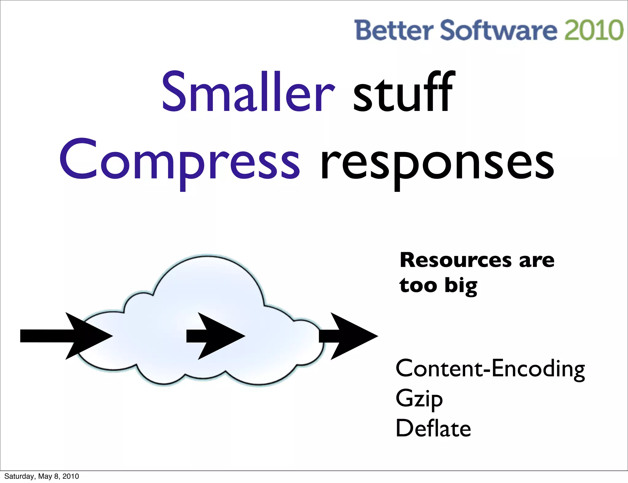 Smaller stuff
              Compress responses
                          Resources are
                          too big


                          Content-Encoding
                          Gzip
                          Deﬂate
Saturday, May 8, 2010
 