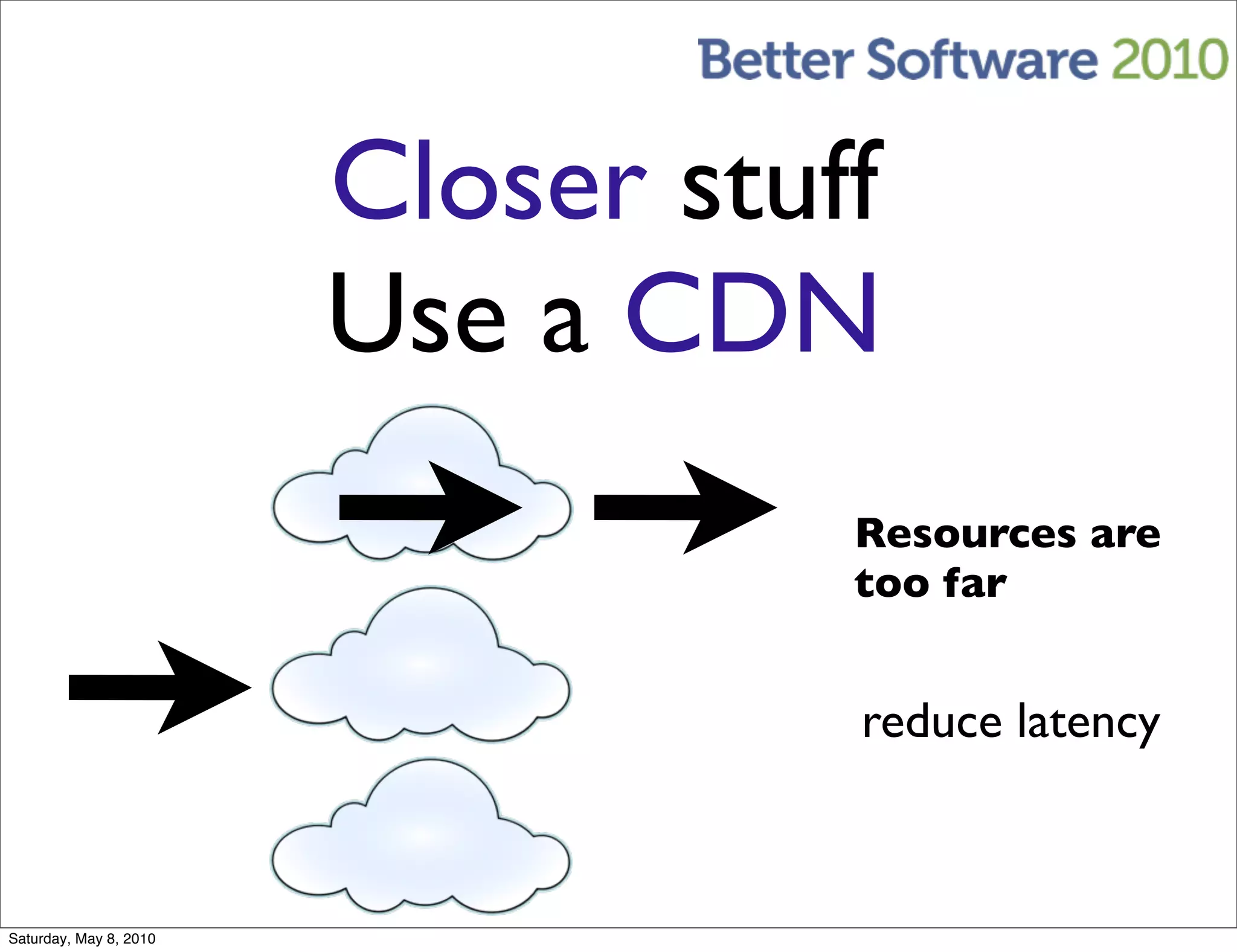 Closer stuff
                        Use a CDN
                                   Resources are
                                   too far


                                   reduce latency



Saturday, May 8, 2010
 