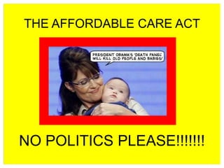 THE AFFORDABLE CARE ACT

NO POLITICS PLEASE!!!!!!!

 