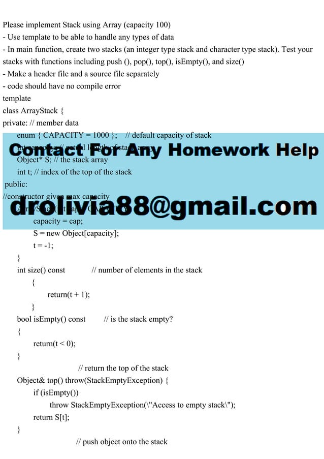 Please implement Stack using Array (capacity 100)- Use template to.pdf