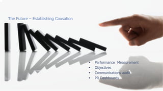 The Future – Establishing Causation




                                         Performance Measurement
                                         Objectives
                                         Communications audit
                                         PR Dashboards
 