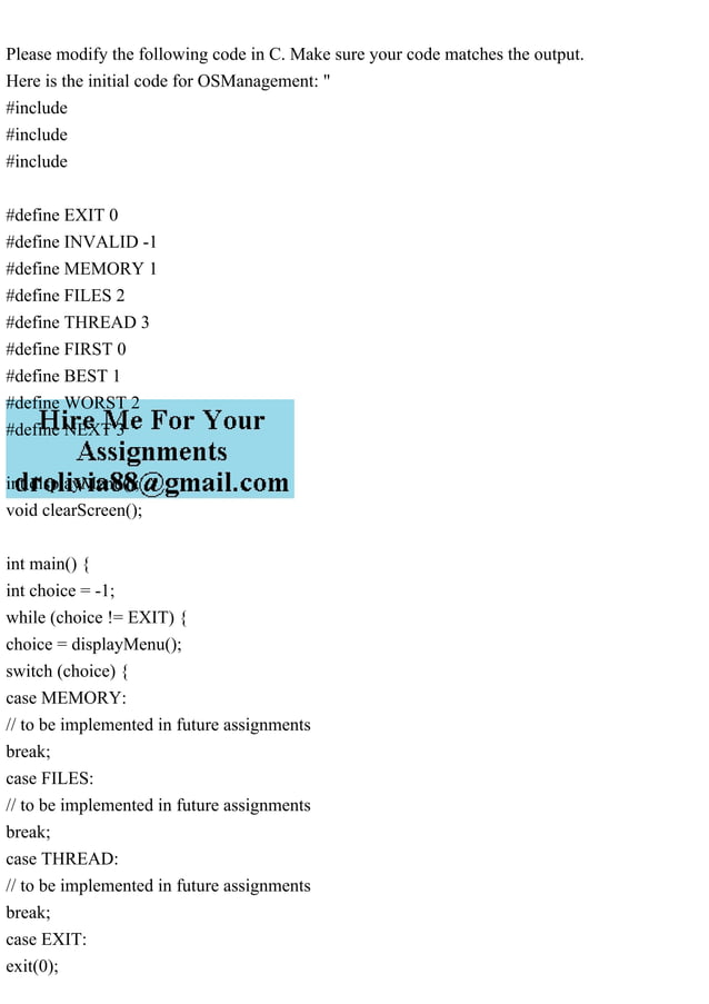 Please modify the following code in C. Make sure your code matches t.pdf