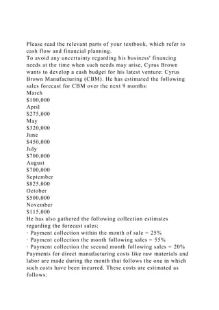 Please read the relevant parts of your textbook, which refer to
cash flow and financial planning.
To avoid any uncertainty regarding his business' financing
needs at the time when such needs may arise, Cyrus Brown
wants to develop a cash budget for his latest venture: Cyrus
Brown Manufacturing (CBM). He has estimated the following
sales forecast for CBM over the next 9 months:
March
$100,000
April
$275,000
May
$320,000
June
$450,000
July
$700,000
August
$700,000
September
$825,000
October
$500,000
November
$115,000
He has also gathered the following collection estimates
regarding the forecast sales:
· Payment collection within the month of sale = 25%
· Payment collection the month following sales = 55%
· Payment collection the second month following sales = 20%
Payments for direct manufacturing costs like raw materials and
labor are made during the month that follows the one in which
such costs have been incurred. These costs are estimated as
follows:
 