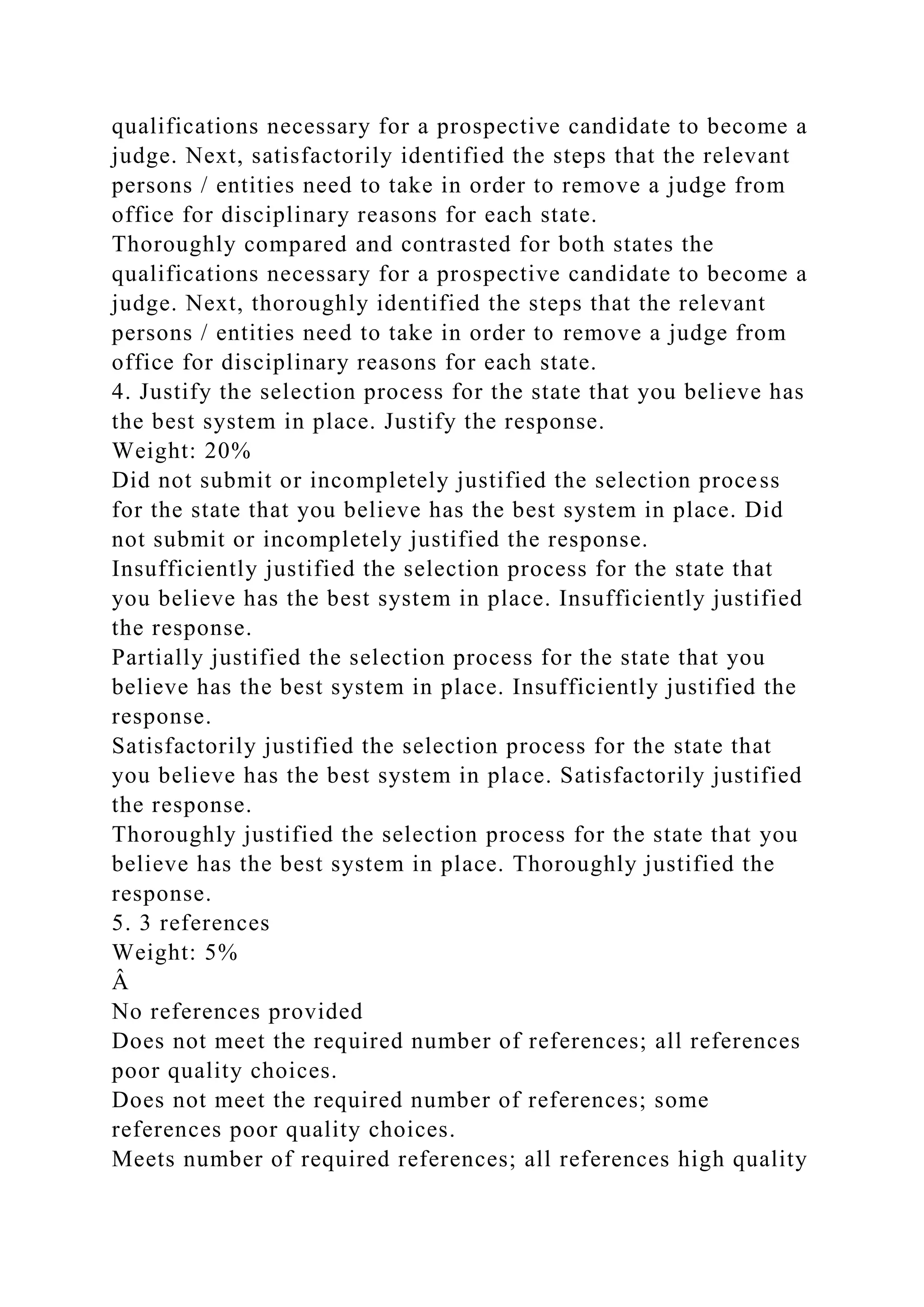 qualifications necessary for a prospective candidate to become a
judge. Next, satisfactorily identified the steps that the relevant
persons / entities need to take in order to remove a judge from
office for disciplinary reasons for each state.
Thoroughly compared and contrasted for both states the
qualifications necessary for a prospective candidate to become a
judge. Next, thoroughly identified the steps that the relevant
persons / entities need to take in order to remove a judge from
office for disciplinary reasons for each state.
4. Justify the selection process for the state that you believe has
the best system in place. Justify the response.
Weight: 20%
Did not submit or incompletely justified the selection process
for the state that you believe has the best system in place. Did
not submit or incompletely justified the response.
Insufficiently justified the selection process for the state that
you believe has the best system in place. Insufficiently justified
the response.
Partially justified the selection process for the state that you
believe has the best system in place. Insufficiently justified the
response.
Satisfactorily justified the selection process for the state that
you believe has the best system in place. Satisfactorily justified
the response.
Thoroughly justified the selection process for the state that you
believe has the best system in place. Thoroughly justified the
response.
5. 3 references
Weight: 5%
Â
No references provided
Does not meet the required number of references; all references
poor quality choices.
Does not meet the required number of references; some
references poor quality choices.
Meets number of required references; all references high quality
 