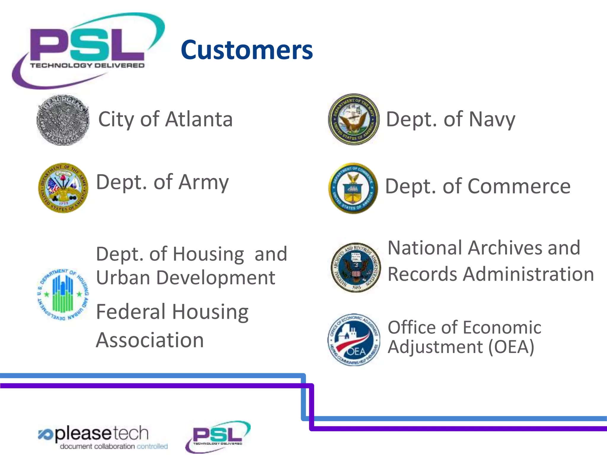Customers 
City of Atlanta Dept. of Navy 
Dept. of Army Dept. of Commerce 
Dept. of Housing and 
Urban Development 
Federal Housing 
Association 
National Archives and 
Records Administration 
Office of Economic 
Adjustment (OEA) 
 