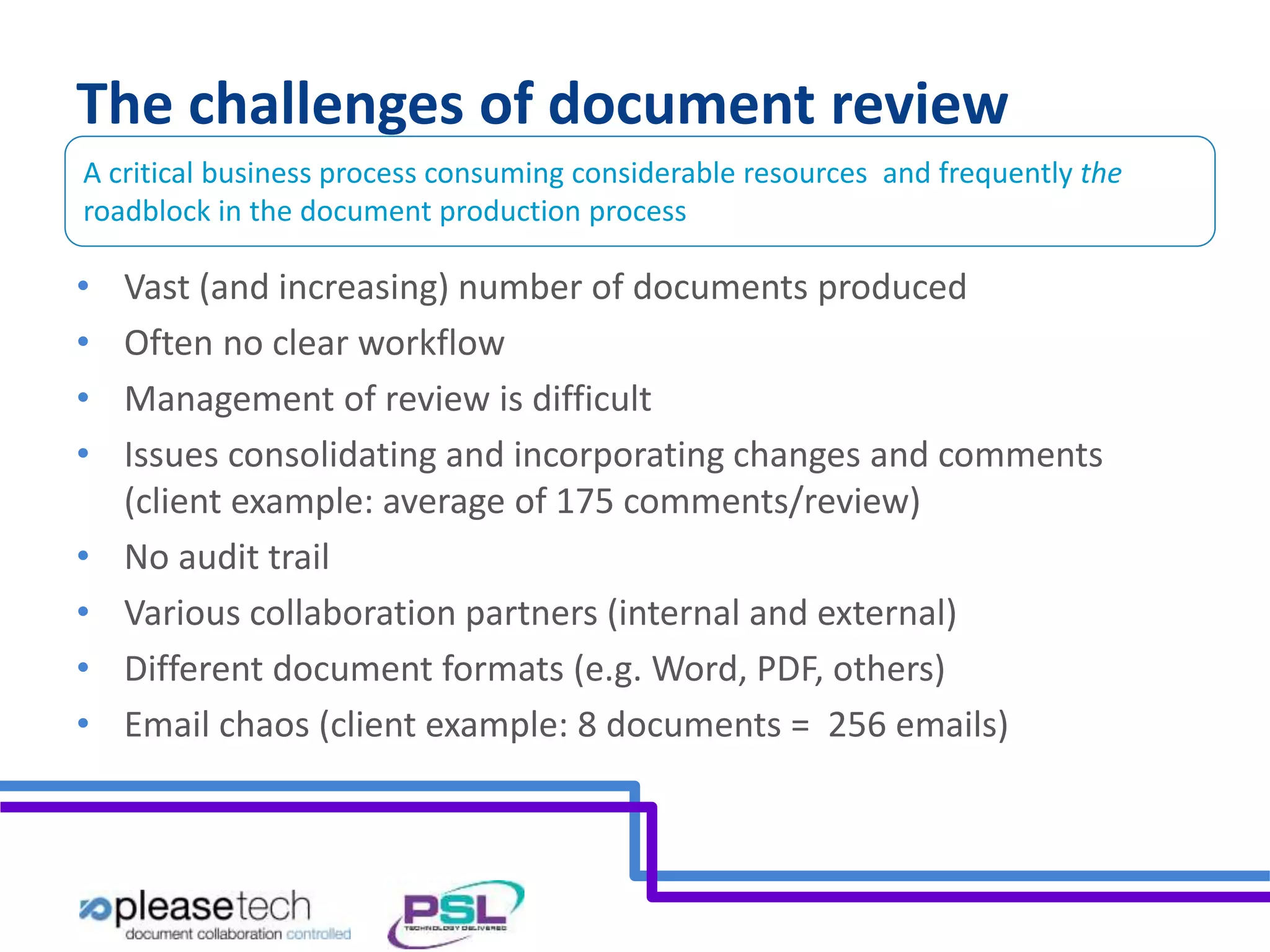 The challenges of document review 
A critical business process consuming considerable resources and frequently the 
roadblock in the document production process 
• Vast (and increasing) number of documents produced 
• Often no clear workflow 
• Management of review is difficult 
• Issues consolidating and incorporating changes and comments 
(client example: average of 175 comments/review) 
• No audit trail 
• Various collaboration partners (internal and external) 
• Different document formats (e.g. Word, PDF, others) 
• Email chaos (client example: 8 documents = 256 emails) 
 