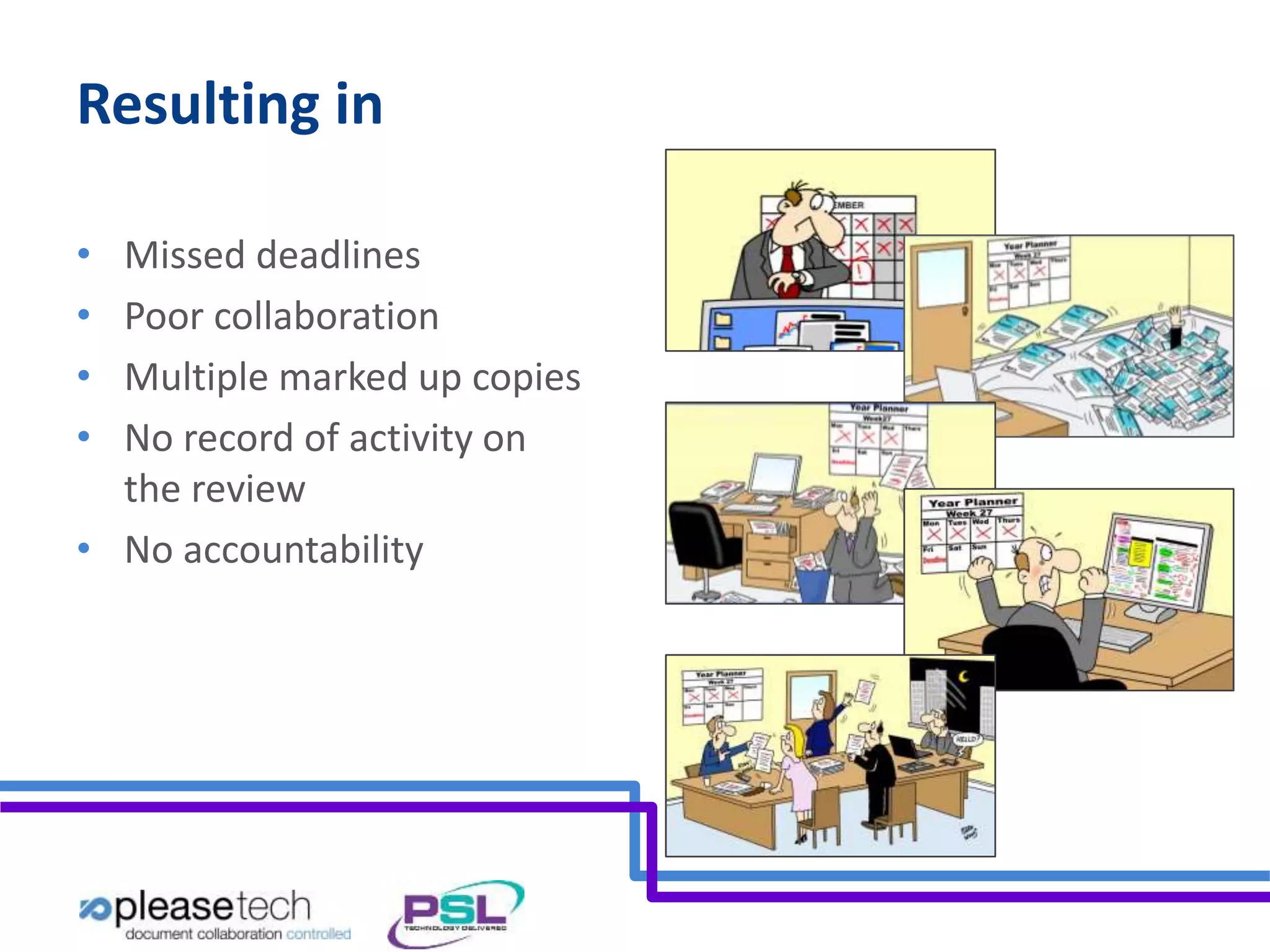 Resulting in 
• Missed deadlines 
• Poor collaboration 
• Multiple marked up copies 
• No record of activity on 
the review 
• No accountability 
 