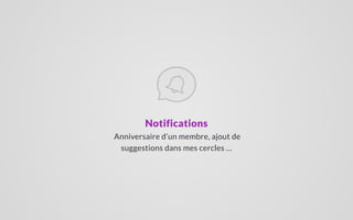 Notifications
Anniversaire d’un membre, ajout de
suggestions dans mes cercles …
 