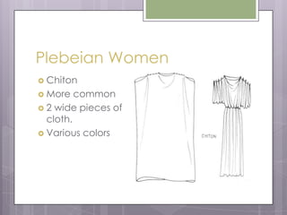 Plebeian Women
Chiton
More
common
2 wide pieces of
cloth.
Various colors