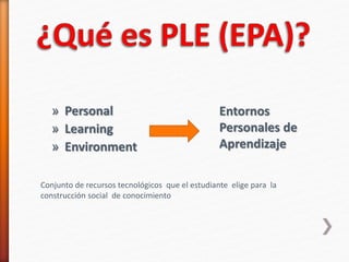 » Personal
» Learning
» Environment
Entornos
Personales de
Aprendizaje
Conjunto de recursos tecnológicos que el estudiante elige para la
construcción social de conocimiento
 