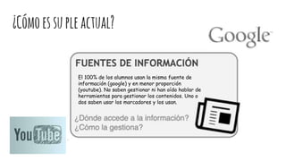 ¿Cómoessupleactual?
El 100% de los alumnos usan la misma fuente de
información (google) y en menor proporción
(youtube). No saben gestionar ni han oído hablar de
herramientas para gestionar los contenidos. Uno o
dos saben usar los marcadores y los usan.
 