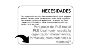 Esta organización necesita: herramientas de edición de imágenes
y videos ,de creación de presentaciones, creación de blogs-webs.
Herramientas de búsqueda y gestión de contenidos, así como
conocer los distintos espacios de almacenamiento con los que
pueden contar en la red.
 