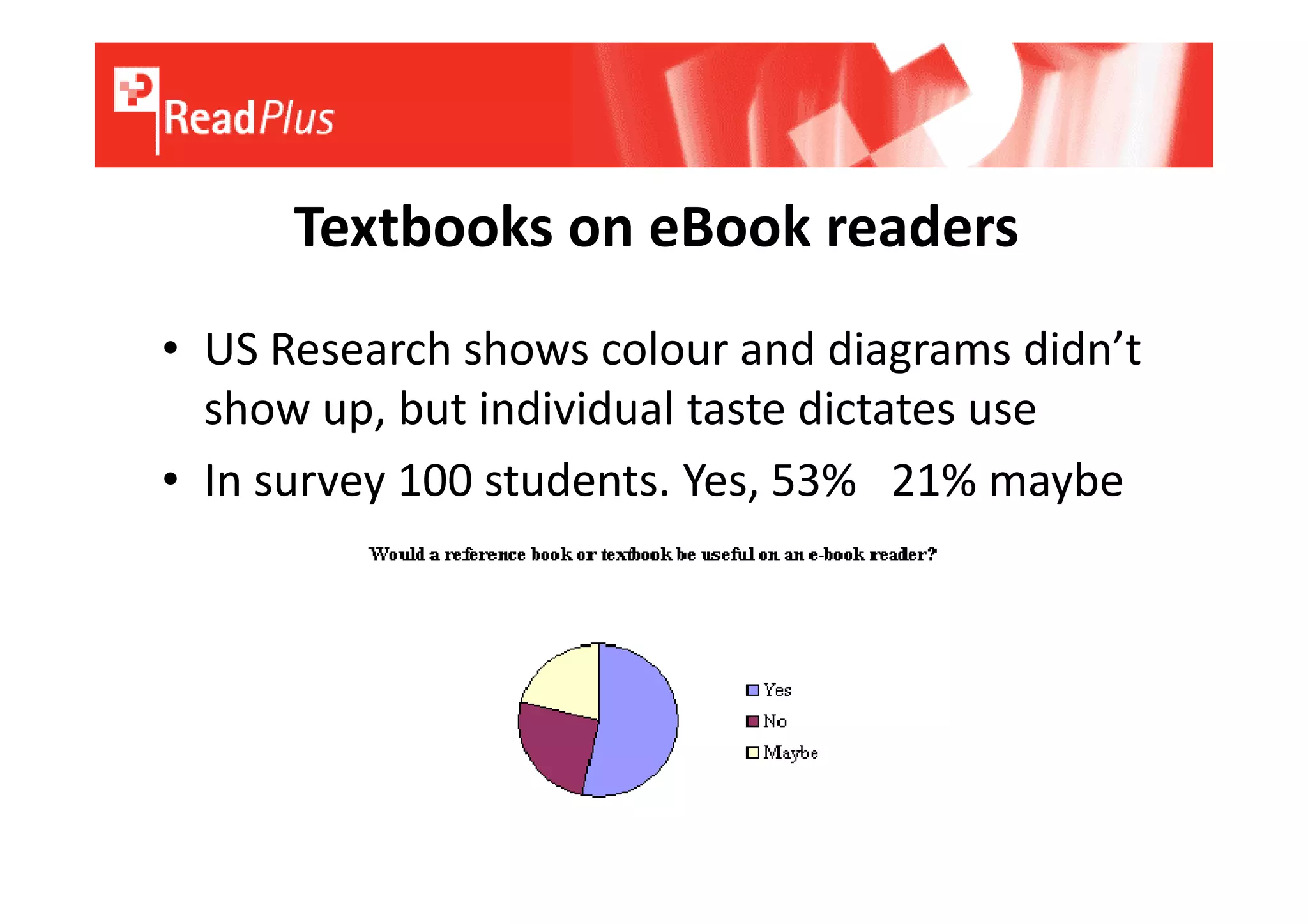 Textbooks on eBook readers
• US Research shows colour and diagrams didn’t
  show up, but individual taste dictates use
• In survey 100 students. Yes, 53% 21% maybe
 