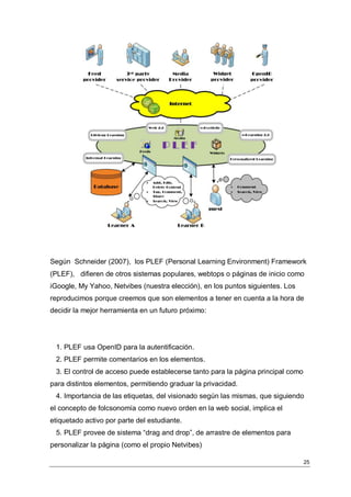 Según Schneider (2007), los PLEF (Personal Learning Environment) Framework
(PLEF), difieren de otros sistemas populares, webtops o páginas de inicio como
iGoogle, My Yahoo, Netvibes (nuestra elección), en los puntos siguientes. Los
reproducimos porque creemos que son elementos a tener en cuenta a la hora de
decidir la mejor herramienta en un futuro próximo:




 1. PLEF usa OpenID para la autentificación.
 2. PLEF permite comentarios en los elementos.
 3. El control de acceso puede establecerse tanto para la página principal como
para distintos elementos, permitiendo graduar la privacidad.
 4. Importancia de las etiquetas, del visionado según las mismas, que siguiendo
el concepto de folcsonomía como nuevo orden en la web social, implica el
etiquetado activo por parte del estudiante.
 5. PLEF provee de sistema “drag and drop”, de arrastre de elementos para
personalizar la página (como el propio Netvibes)

                                                                                  25
 