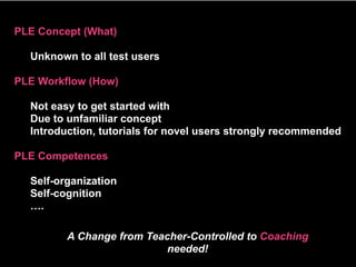 PLE Concept (What)

  Unknown to all test users

PLE Workflow (How)

  Not easy to get started with
  Due to unfamiliar concept
  Introduction, tutorials for novel users strongly recommended

PLE Competences

  Self-organization
  Self-cognition
  ….

         A Change from Teacher-Controlled to Coaching
                           needed!
 