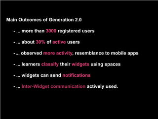 Main Outcomes of Generation 2.0

  - ... more than 3000 registered users

  - ... about 30% of active users

  - ... observed more activity, resemblance to mobile apps

  - ... learners classify their widgets using spaces

  - ... widgets can send notifications

  - ... Inter-Widget communication actively used.
 