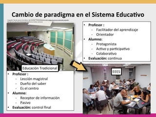 Cambio	
  de	
  paradigma	
  en	
  el	
  Sistema	
  Educa8vo
Fotogra'a	
  “Sala	
  de	
  aula	
  do	
  Ciclo	
  Básico	
  I	
  da	
  Unicamp”	
  Priscila	
  Micaroni	
  Lalli	
  en	
  h?p://commons.wikimedia.org/wiki/
File:Sala_de_aula_CB_Unicamp.jpg	
  bajo	
  licencia	
  creaHve	
  commons

                                                                                                                                                               • Profesor	
  :
                                                                                                                                                                   -­‐ Facilitador	
  del	
  aprendizaje
                                                                                                                                                                   -­‐ Orientador
                                                                                                                                                               • Alumno:
                                                                                                                                                                   -­‐ Protagonista
                                                                                                                                                                   -­‐ Ac0vo	
  y	
  par0cipa0vo
                                                                                                                                                                   -­‐ Colabora0vo
                                                                                                                                                               • Evaluación:	
  con0nua
                                                                                                                                                                Fotogra'a	
  “Sesión	
  basada	
  en	
  Design	
  Thinking“	
  Esteban	
  Romero	
  en	
  h?p://www.ﬂickr.com/photos/polisea/7966521008/in/
                                                                                                                                                                set-­‐72157631489338326	
  bajo	
  licencia	
  creaHve	
  commons

                                      Educación	
  Tradicional
                                                                                                                                                                                                                          EEES
• Profesor	
  :
    -­‐ Lección	
  magistral
    -­‐ Dueño	
  del	
  saber
    -­‐ Es	
  el	
  centro
• Alumno:
    -­‐ Receptor	
  de	
  información
    -­‐ Pasivo
• Evaluación:	
  control	
  ﬁnal
 
