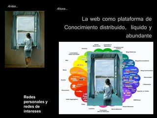 Antes…
                        Ahora…

                                  La web como plataforma de
                            Conocimiento distribuido, líquido y
                                                     abundante




         Redes
         personales y
         redes de
         intereses
 