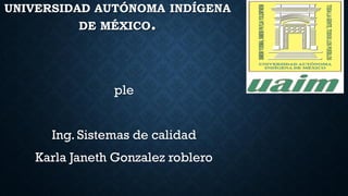 UNIVERSIDAD AUTÓNOMA INDÍGENA
DE MÉXICO.
ple
Ing. Sistemas de calidad
Karla Janeth Gonzalez roblero
 