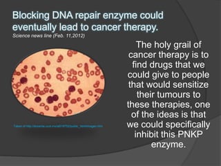 Blocking DNA repair enzyme could
eventually lead to cancer therapy.
Science news line (Feb. 11,2012)

                                                                      The holy grail of
                                                                   cancer therapy is to
                                                                    find drugs that we
                                                                  could give to people
                                                                   that would sensitize
                                                                      their tumours to
                                                                  these therapies, one
                                                                    of the ideas is that
Taken of http://docente.ucol.mx/al018752/public_html/imagen.htm   we could specifically
                                                                     inhibit this PNKP
                                                                          enzyme.
 