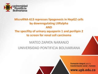 MicroRNA-613 represses lipogenesis in HepG2 cells
           by downregulating LXRalpha
                        AND
The specifity of urinary aquaporin 1 and perilipin 2
        to screen for renal cell carcinoma

        MATEO ZAPATA NARANJO
  UNIVERSIDAD PONTIFICIA BOLIVARIANA
 