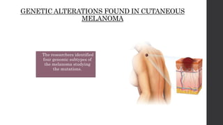 GENETIC ALTERATIONS FOUND IN CUTANEOUS
MELANOMA
• The researchers identified
four genomic subtypes of
the melanoma studying
the mutations.
 