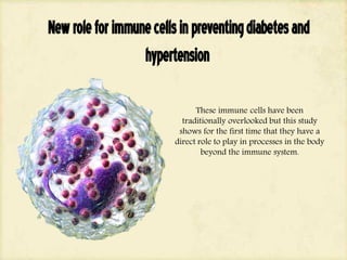 Newroleforimmunecellsinpreventingdiabetesand
hypertension
These immune cells have been
traditionally overlooked but this study
shows for the first time that they have a
direct role to play in processes in the body
beyond the immune system.
 