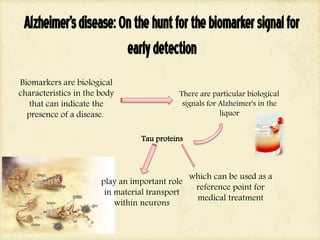 Alzheimer'sdisease:Onthehuntforthebiomarkersignalfor
earlydetection
Biomarkers are biological
characteristics in the body
that can indicate the
presence of a disease.
which can be used as a
reference point for
medical treatment
There are particular biological
signals for Alzheimer's in the
liquor
Tau proteins
play an important role
in material transport
within neurons
 