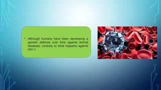 • Although humans have been developing a
genetic defense over time against animal
diseases, contrary to what happens against
HIV-1.
 