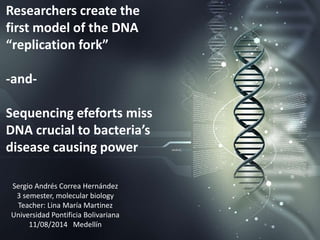 Researchers create the
first model of the DNA
“replication fork”
-and-
Sequencing efeforts miss
DNA crucial to bacteria’s
disease causing power
Sergio Andrés Correa Hernández
3 semester, molecular biology
Teacher: Lina María Martinez
Universidad Pontificia Bolivariana
11/08/2014 Medellín
 