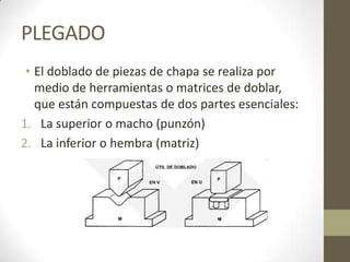 PLEGADO
 • El doblado de piezas de chapa se realiza por
   medio de herramientas o matrices de doblar,
   que están compuestas de dos partes esenciales:
1. La superior o macho (punzón)
2. La inferior o hembra (matriz)
 