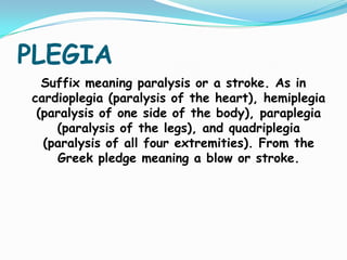 PLEGIA Suffix meaning paralysis or a stroke. As in cardioplegia (paralysis of the heart), hemiplegia (paralysis of one side of the body), paraplegia (paralysis of the legs), and quadriplegia (paralysis of all four extremities). From the Greek pledge meaning a blow or stroke. 