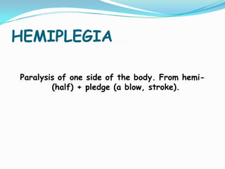 HEMIPLEGIAParalysis of one side of the body. From hemi-(half) + pledge (a blow, stroke).
