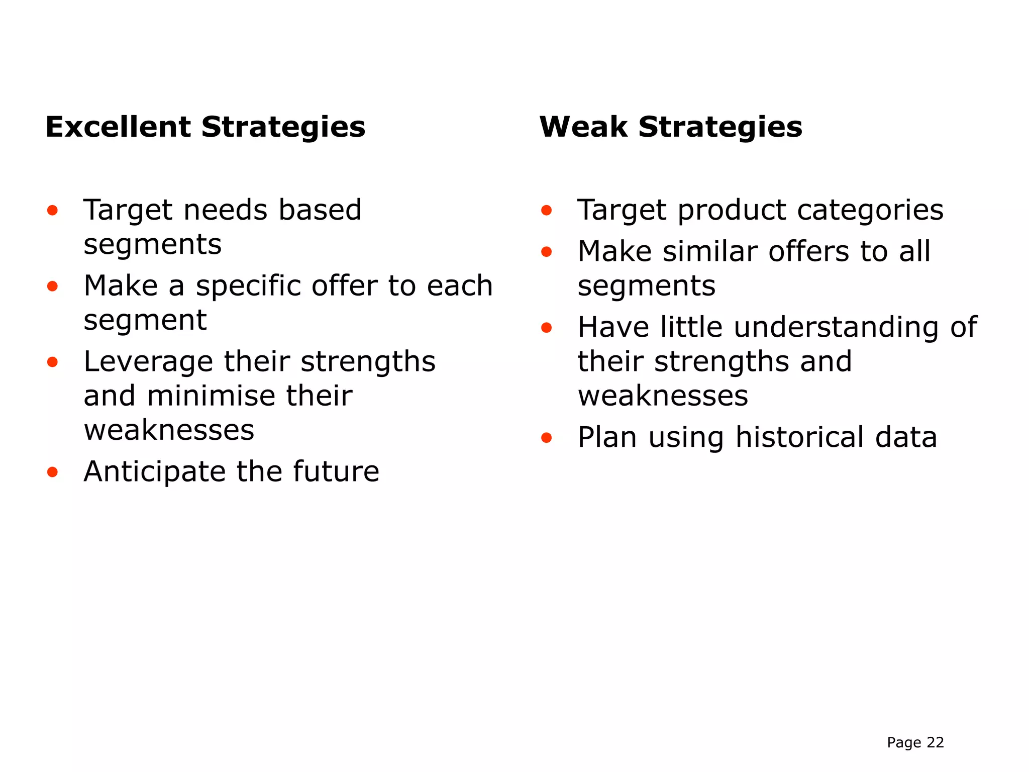Excellent Strategies              Weak Strategies

• Target needs based              • Target product categories
  segments                        • Make similar offers to all
• Make a specific offer to each     segments
  segment                         • Have little understanding of
• Leverage their strengths          their strengths and
  and minimise their                weaknesses
  weaknesses                      • Plan using historical data
• Anticipate the future




                                                         Page 22
 