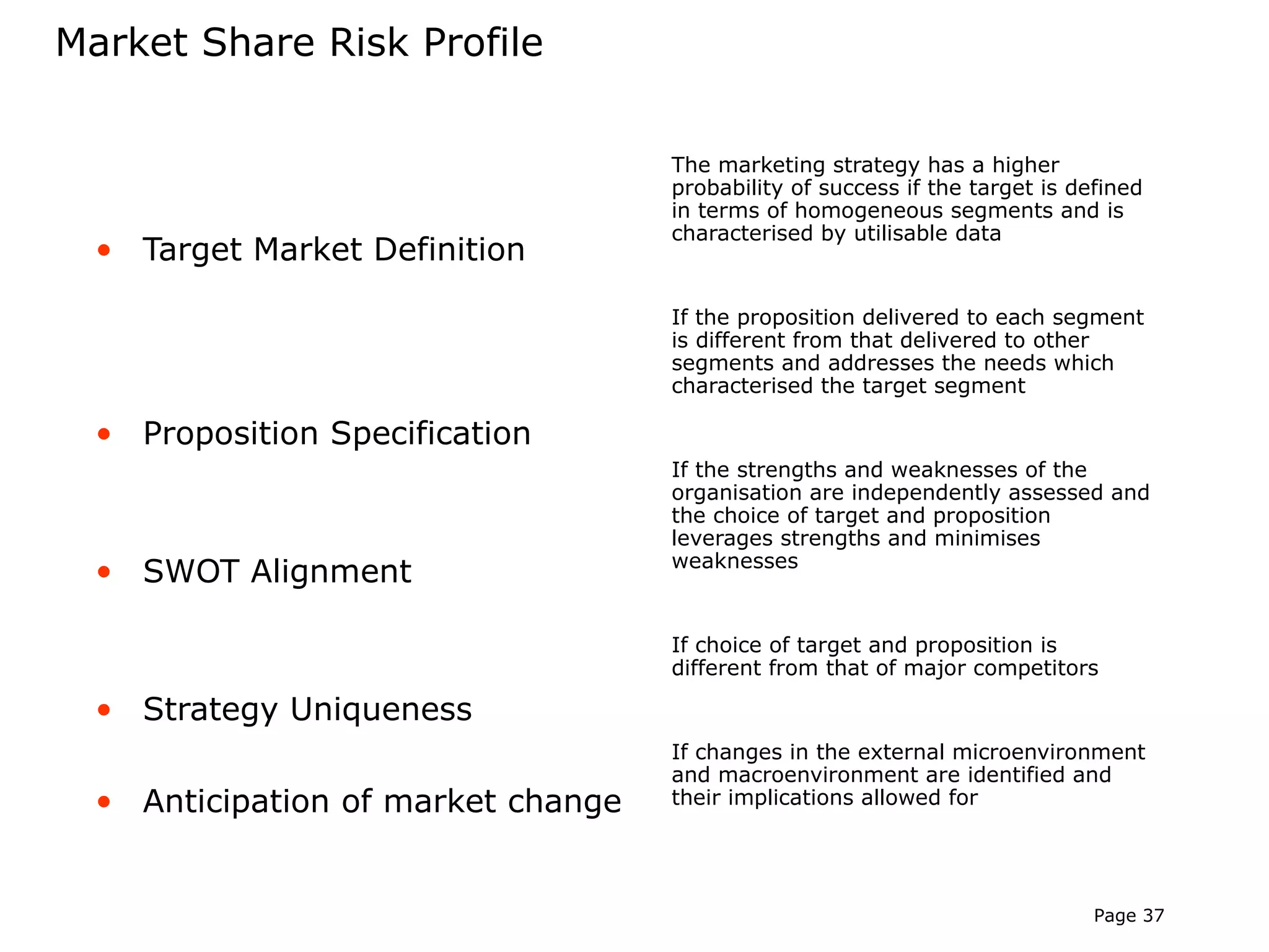Market Share Risk Profile


                                    The marketing strategy has a higher
                                    probability of success if the target is defined
                                    in terms of homogeneous segments and is
                                    characterised by utilisable data
  • Target Market Definition

                                    If the proposition delivered to each segment
                                    is different from that delivered to other
                                    segments and addresses the needs which
                                    characterised the target segment

  • Proposition Specification
                                    If the strengths and weaknesses of the
                                    organisation are independently assessed and
                                    the choice of target and proposition
                                    leverages strengths and minimises
                                    weaknesses
  • SWOT Alignment

                                    If choice of target and proposition is
                                    different from that of major competitors

  • Strategy Uniqueness
                                    If changes in the external microenvironment
                                    and macroenvironment are identified and
  • Anticipation of market change   their implications allowed for




                                                                              Page 37
 