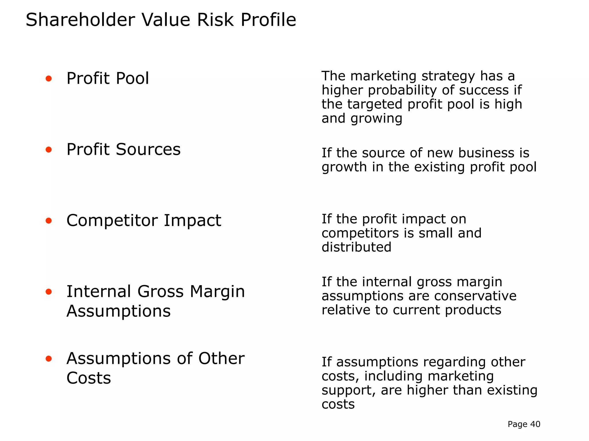 Shareholder Value Risk Profile


  • Profit Pool                  The marketing strategy has a
                                 higher probability of success if
                                 the targeted profit pool is high
                                 and growing

  • Profit Sources               If the source of new business is
                                 growth in the existing profit pool



  • Competitor Impact            If the profit impact on
                                 competitors is small and
                                 distributed

                                 If the internal gross margin
  • Internal Gross Margin        assumptions are conservative
    Assumptions                  relative to current products


  • Assumptions of Other         If assumptions regarding other
    Costs                        costs, including marketing
                                 support, are higher than existing
                                 costs
                                                              Page 40
 
